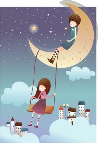 在月亮上荡秋千的情侣 AI矢量素材