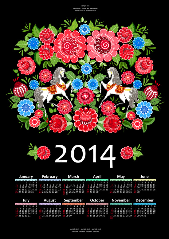 2014马年鲜花新年挂历矢量素材
