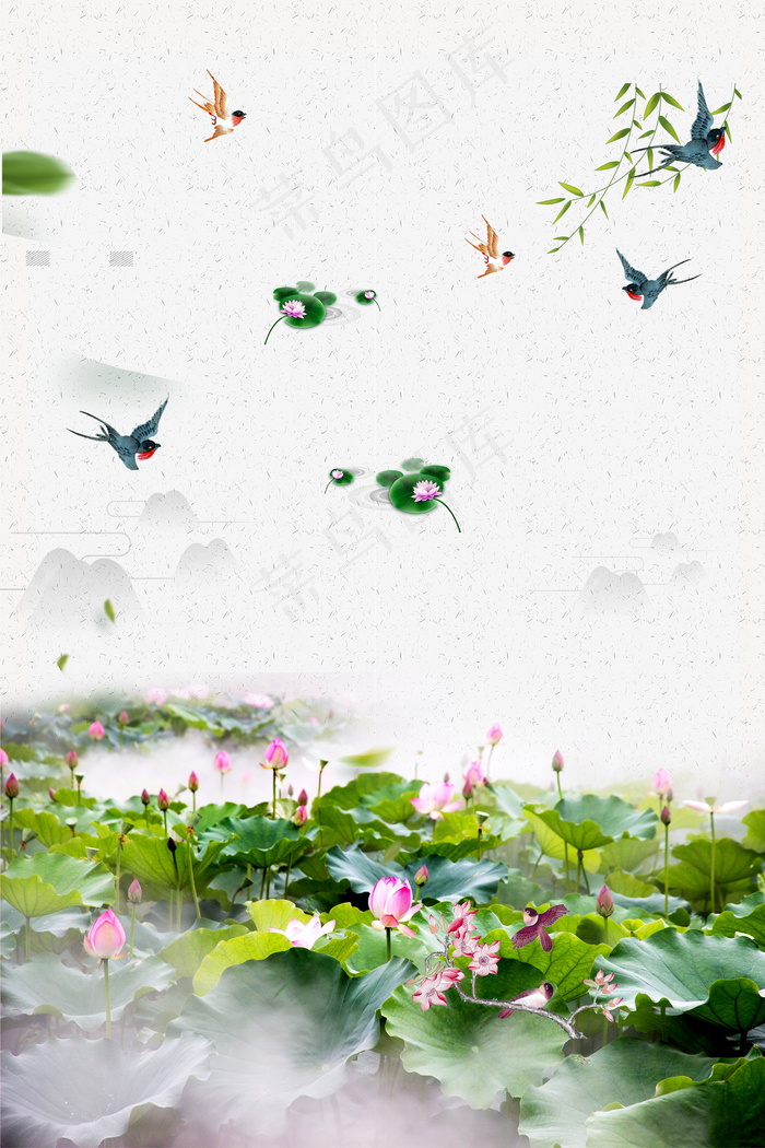 满塘荷花飞燕绕柳小暑节气背景素材(2200X3300(DPI:150))psd模版下载