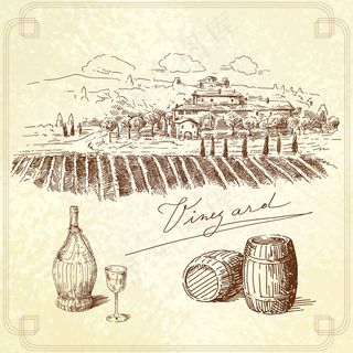 手绘村庄卡片矢量图2