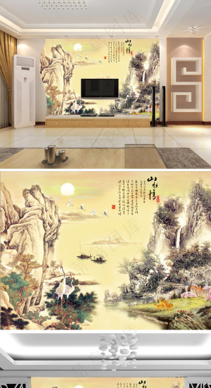 国画山水情电视背景墙