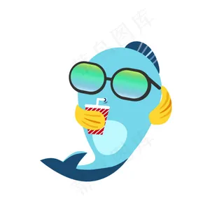 戴墨镜喝饮料的小鱼