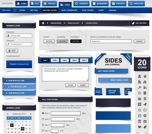 蓝色的网页设计元素矢量素材eps,ai矢量模版下载