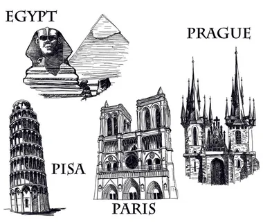 世界著名旅游景点素描矢量素材