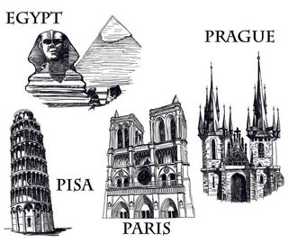 世界著名旅游景点素描矢量素材