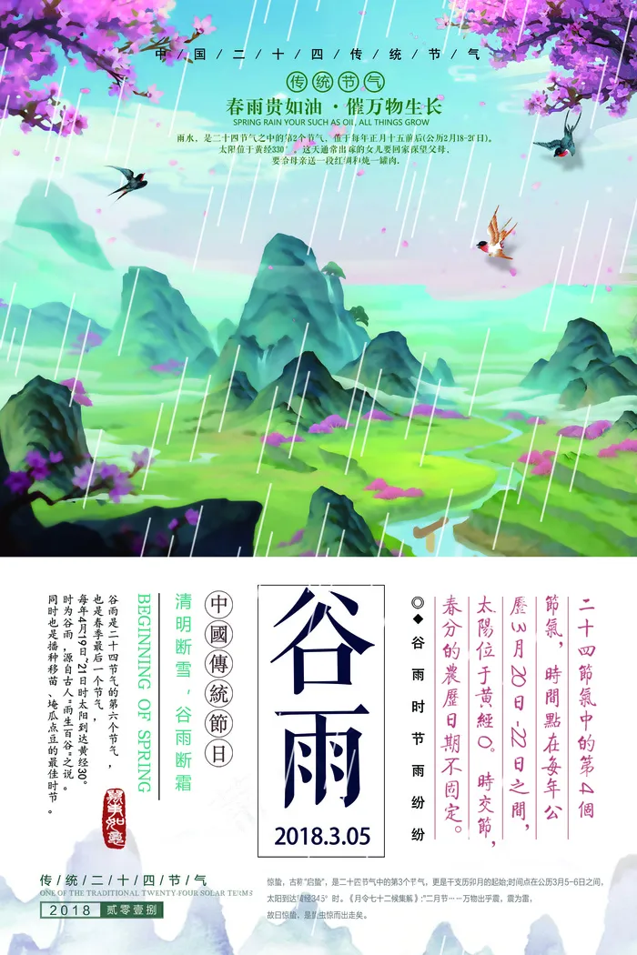 2018年青色中国风二十四节气谷雨...psd模版下载