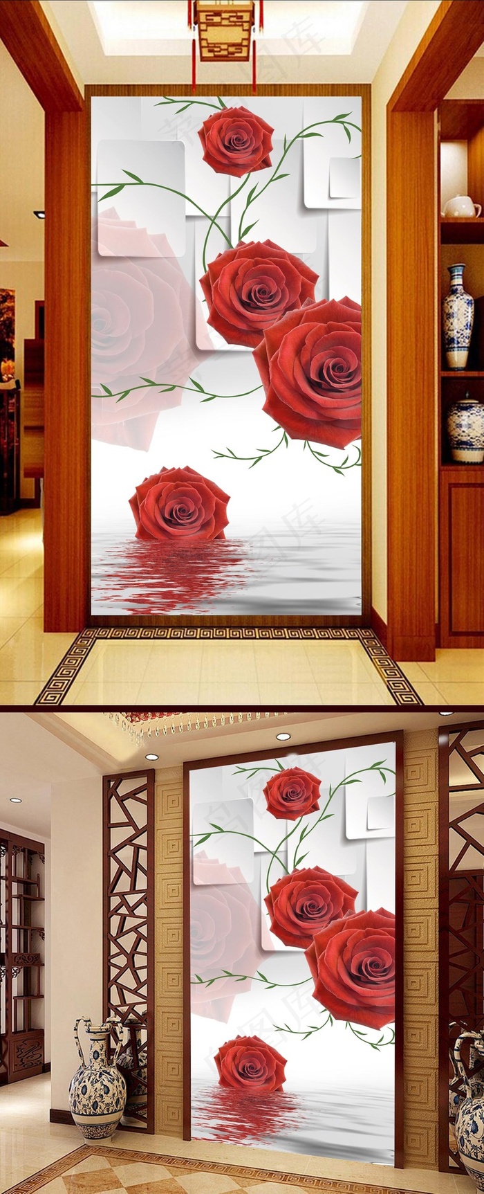 浪漫玫瑰倒影3D玄关壁画背景墙