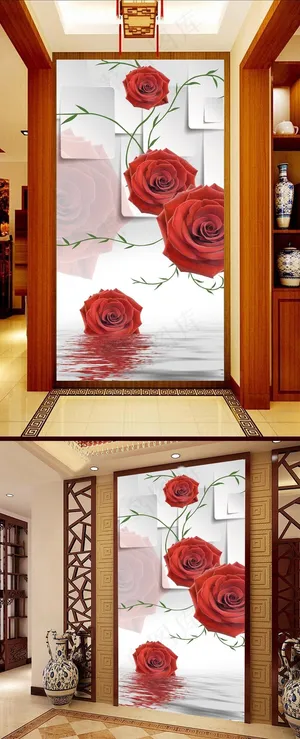 浪漫玫瑰倒影3D玄关壁画背景墙