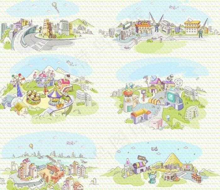 卡通线条城市风景psd模版下载