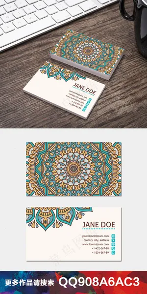 复古手绘水彩花纹民族名片卡片设计9...