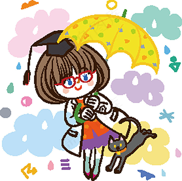 打伞的女学生和小猫卡通图案eps,ai矢量模版下载