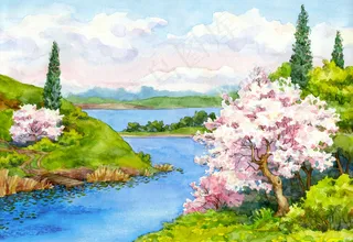 春天河流风景插画
