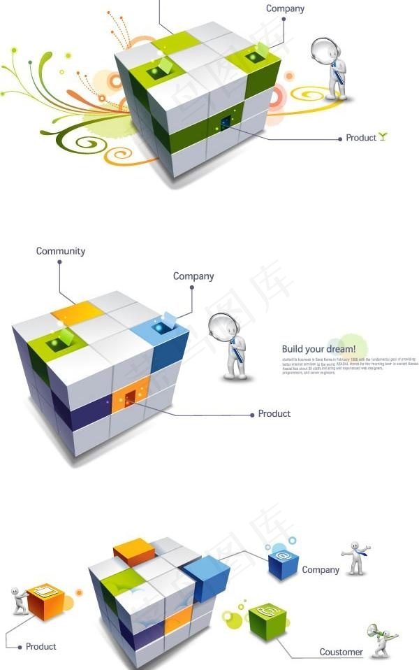 创意的3D立方体世界和人物矢量素材