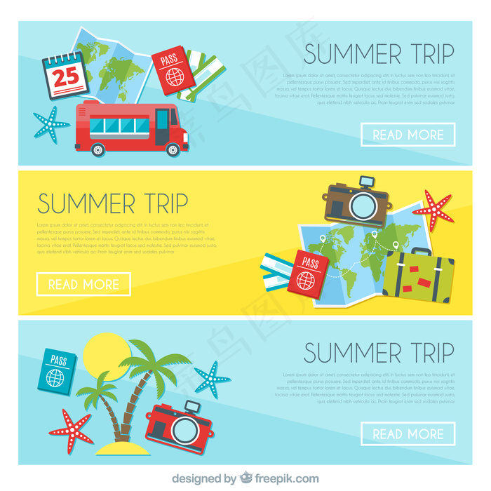 带有夏季旅行元素的横幅