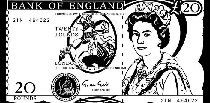 英镑20元正面黑白图图片