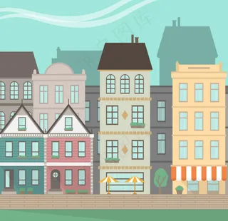 卡通街边建筑矢量图图片