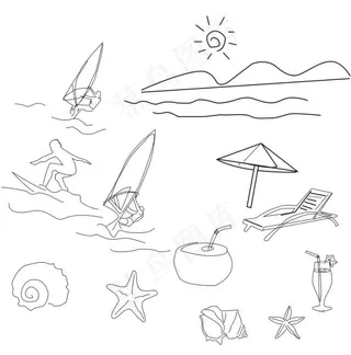 沙滩海上运动 简笔