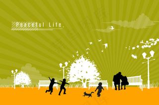 长椅上的人物与嬉戏儿童剪影矢量素材