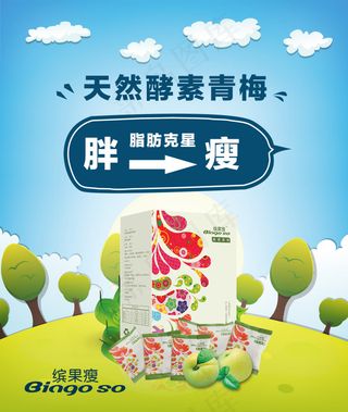 矢量卡通白云绿树草地减肥品广告