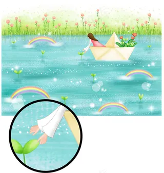 精美卡通女孩纸船河流风景装饰