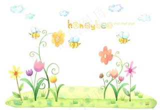 花卉植物可爱卡通蜜蜂PSD分层素材