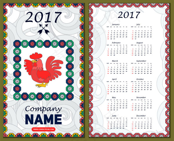 2017年鸡年日历年历eps,ai矢量模版下载