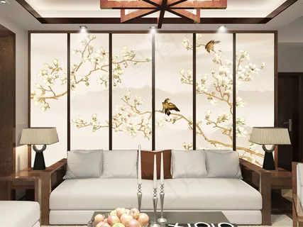 新中式电视背景墙玉兰花开富贵psd...