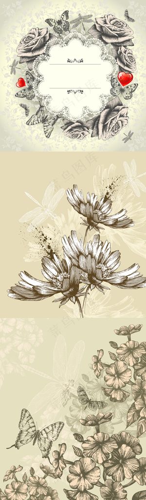 2017欧美复古手绘蝴蝶花纹边框背...