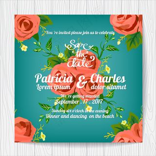 玫瑰花装饰蓝色背景婚礼邀请卡设计