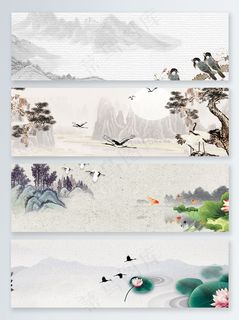 清明节水墨山水仙鹤松树banner背景