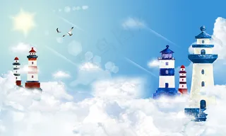 蓝色地中海灯塔背景壁画装饰画