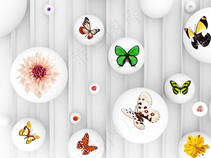 现代唯美简约高雅白色圆点彩蝶花卉背...