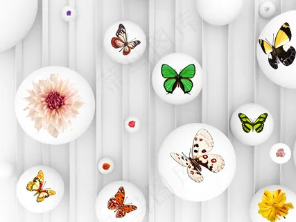 现代唯美简约高雅白色圆点彩蝶花卉背...