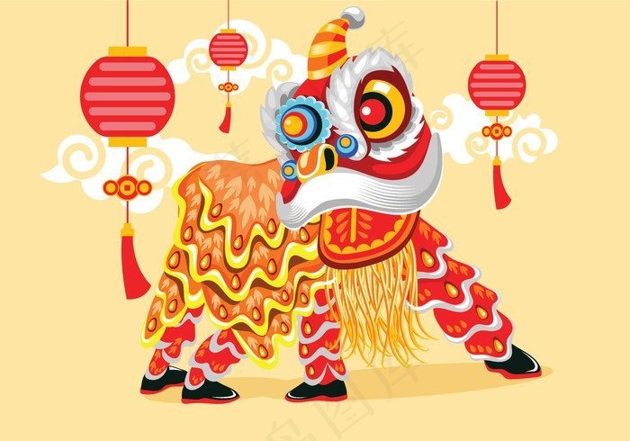 矢量插画中国传统舞狮节背景eps,ai矢量模版下载