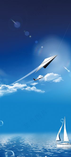 蓝天白云下的飞机海报背景