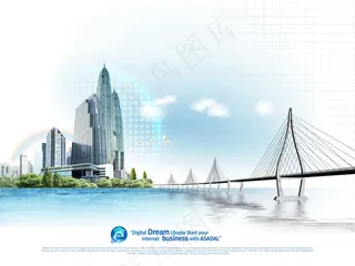 跨海大桥与城市建筑物PSD分层素材