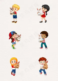 卡通抱着小兔子儿童插画素材