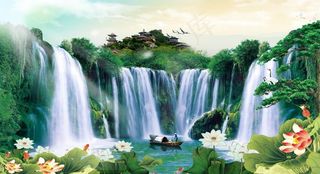 瀑布鹤荷花迎客松图片