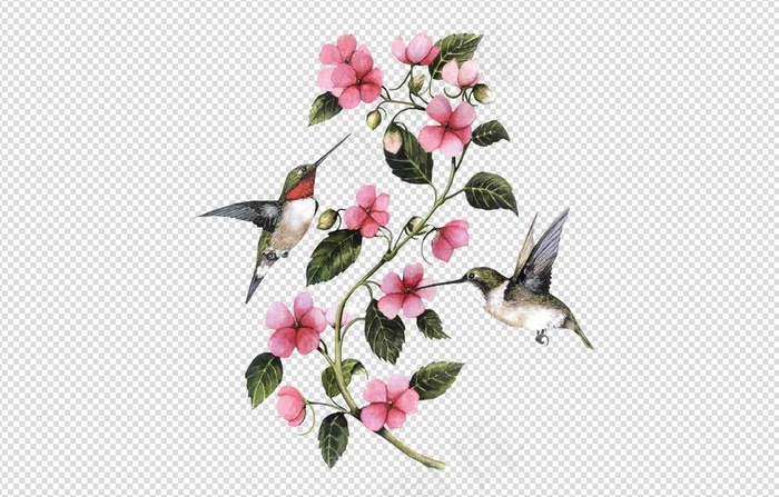 唯美免扣手绘花朵小鸟树叶背景墙素材...