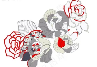 手绘线描效果玫瑰花psd分层素材3...