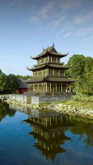 公园风景塔湖中倒影高清摄影图片