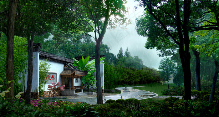 古建雨景园林效果图(2252X1202(DPI:72))psd模版下载