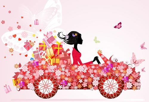 花卉美女购物矢量素材