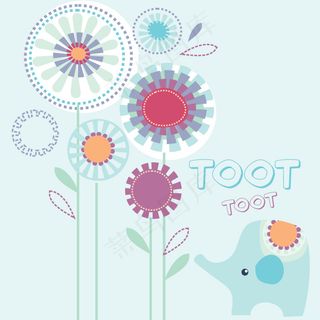 印花矢量图 可爱卡通 卡通动物 大象 卡通植物 免费素材