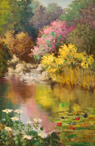 河流树林花朵油画图片