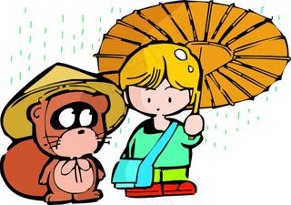 下雨天打伞的小男孩和小浣熊