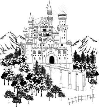 手绘建筑城堡线稿矢量图