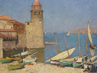 渔船海边油画图片