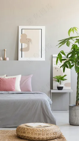 卧室床壁画盆景高清摄影图片