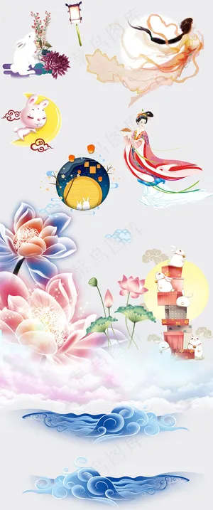 中秋嫦娥月兔云雾月亮荷叶鲜花素材 中秋嫦娥月兔云雾月亮荷叶鲜花素材